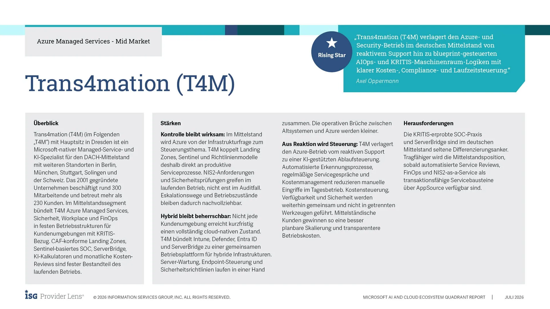 Warum sich der Markt für Managed Services gerade neu sortiert, und weshalb Trans4mation von ISG als „Rising Star“ eingestuft wird. 1 ISG Provider Lens Quadrant 2026: Trans4mation als Rising Star